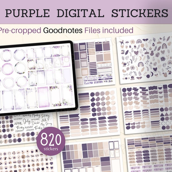 820 Purple Digital Stickers BUNDLE, Pre-cropped Goodnotes widgets | lavender Digital Planner Stickers, Journal | Digital sticky notes