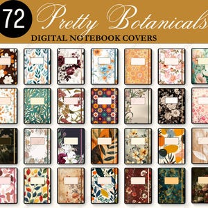 Pode incluir: Uma coleção de 24 capas de cadernos digitais com designs florais e botânicos. Cada capa apresenta um padrão único, incluindo flores, folhas e formas abstratas, em várias cores. As capas são retangulares com uma borda preta e uma etiqueta em branco.