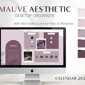 Mauve Desktop Organizer with 2025 Calendar, 180 Aesthetic Folder Icons, Mac Desktop, Windows, PC Icons, Desktop aesthetic | Purple icons