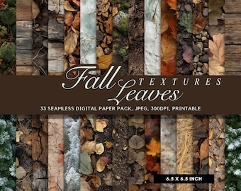 Könnte beinhalten: Ein digitales Papierpaket mit 33 nahtlosen Texturen zum Thema Herbst. Die Texturen umfassen Holz, Blätter und Stein. Der Text "Fall Leaves" ist in einer dekorativen Schriftart dargestellt. Die Abmessungen betragen 16,5 x 16,5 cm.