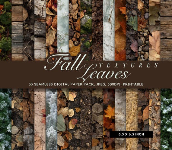 33 Seamless Fall Leaves Digital Paper Bundle, Printable Autumn Forest Textures, Frosty Pine, Rustic Wood & Mossy Ground Patterns, 300 dpi