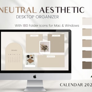 Organizador de escritorio bohemio neutro con calendario 2026, 180 iconos de carpeta estéticos, escritorio para Mac, Windows, iconos beige para PC, personalización de escritorio