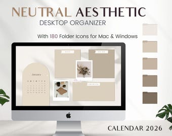 Neutralny organizer na biurko w stylu boho z kalendarzem na rok 2026, 180 estetycznych ikon folderów, pulpit Mac, Windows, beżowe ikony PC, personalizacja pulpitu