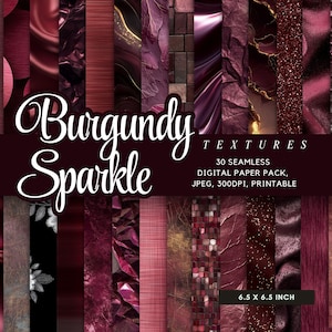 30 Seamless Burgundy Seamless Digital Paper Bundle, Luxury Wine Red Textures, Metallic Foil Backgrounds, Glitter & Marble Patterns, 300 dpi