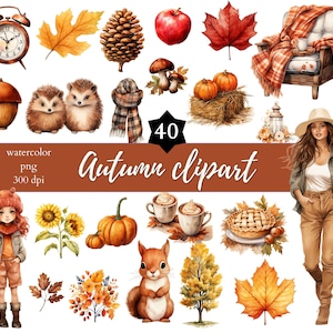 40 Autumn Watercolor digital clipart set, Png Autumn clipart bundle, Fall clipart, Printable scrapbook stickers, Autumn Digital Sticker Pack