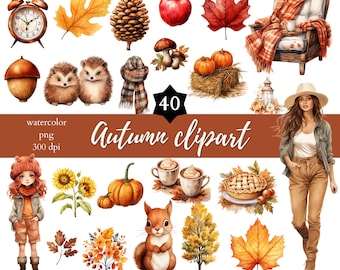 40 conjunto de imágenes prediseñadas digitales de acuarela de otoño, paquete de imágenes prediseñadas de otoño png, imágenes prediseñadas de otoño, pegatinas de álbum de recortes imprimibles, paquete de pegatinas digitales de otoño