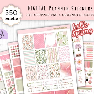 May include: A collection of digital planner stickers with a pink and white floral theme. The stickers include various designs, such as floral patterns, polka dots, and stripes. The text "Digital Planner Stickers" and "Hello Spring" are visible.