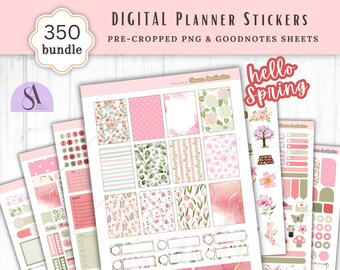 Hello Spring Digital Journal Sticker Bundle | Pre-cropped Goodnotes, PNG, Bullet Journaling kit iPad, Notability, Floral, Instant Download