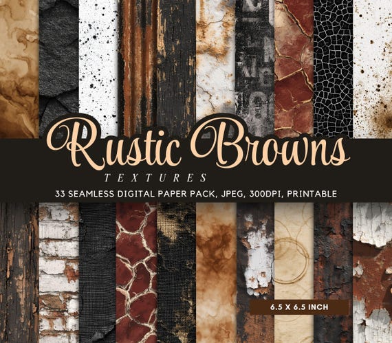 33 Seamless Rustic Brown Textures Pack, Digital Paper Pack, Distressed Wood, Corrugated Metal, Dark Stone, Coffee Stain, Commercial Use JPG