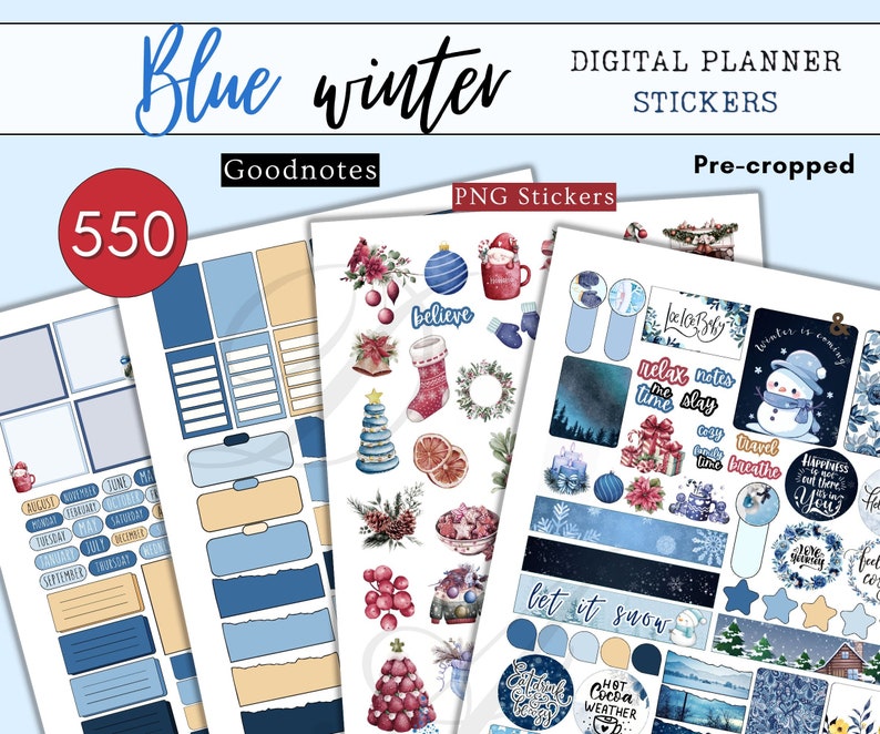 Blue Winter Christmas Stickers: 550+ PNG and Goodnotes Stickers ...