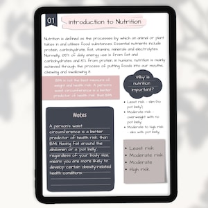 May include: A digital planner page with the title "Introduction to Nutrition". The page discusses the importance of nutrition and how waist circumference is a better indicator of health risk than BMI. The page also includes a section on why nutrition is important and lists different risk levels based on waist circumference and belly size.