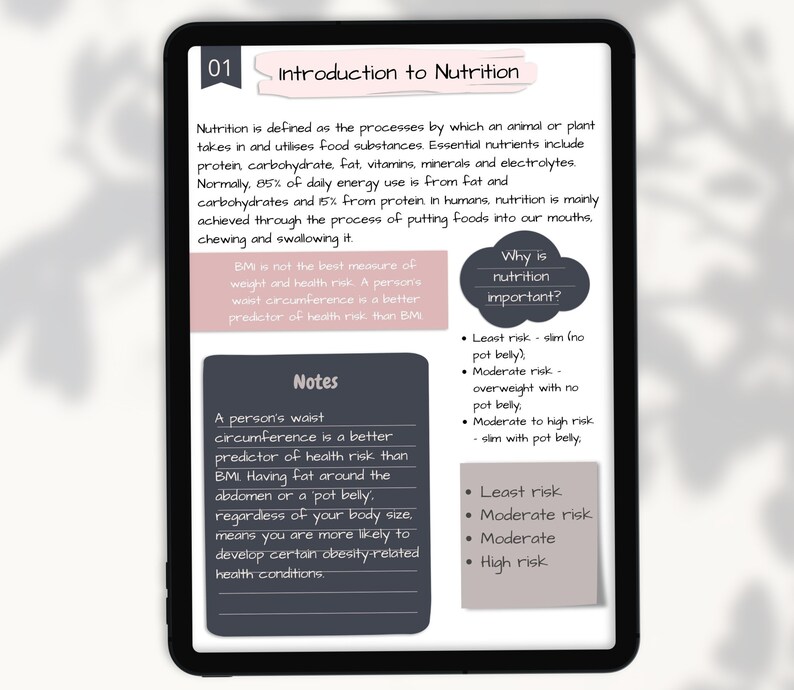 May include: A digital planner page with the title "Introduction to Nutrition". The page discusses the importance of nutrition and how waist circumference is a better indicator of health risk than BMI. The page also includes a section on why nutrition is important and lists different risk levels based on waist circumference and belly size.