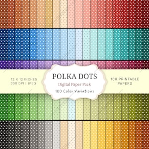 Peut inclure: Un pack de papier numérique comprenant 100 variations de couleurs à motifs à pois. Chaque feuille mesure 30,48 x 30,48 cm à 300 DPI au format JPEG. La collection présente un large spectre de teintes incluant des rouges, bleus, verts et jaunes.
