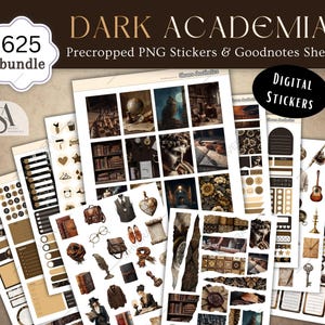 May include: A collection of digital stickers and Goodnotes sheets with a Dark Academia theme. The bundle includes precropped PNG stickers with images of books, statues, and vintage items. The text on the image says "DARK ACADEMIA" and "DIGITAL STICKERS".