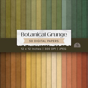 May include: A collection of 50 digital papers titled Botanical Grunge, featuring a vertical gradient of textured shades ranging from deep forest greens and olive tones to warm ochre, cream, and earthy terracotta, measuring 30.48 x 30.48 cm at 300 DPI.