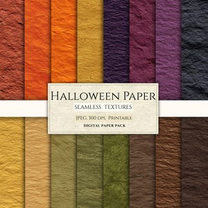 May include: A collection of seamless digital paper textures in various colors including orange, yellow, purple, green, and brown. The center label reads: HALLOWEEN PAPER, SEAMLESS TEXTURES, JPEG, 300 DPI, PRINTABLE, DIGITAL PAPER PACK.