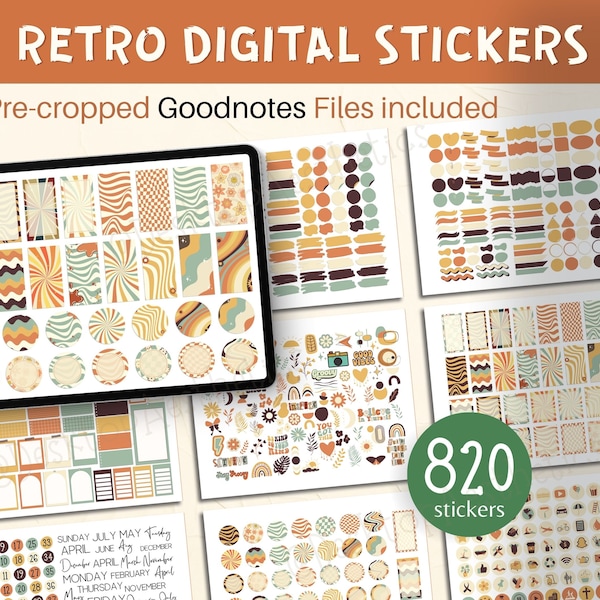 820 Groovy Retro Digital Sticker Bundle / Pegatinas Goodnotes precortadas / Pegatinas del planificador digital de la vida diaria, pegatinas estéticas para iPad