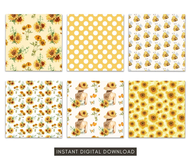 Sunflower Digital Paper Pack, Printable Scrapbook Paper, 12 Digital ...