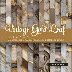 May include: A collection of 44 seamless digital paper textures with a vintage gold leaf design. The papers feature marble and stone patterns with gold accents. Each paper measures 6.5 x 6.5 inches.