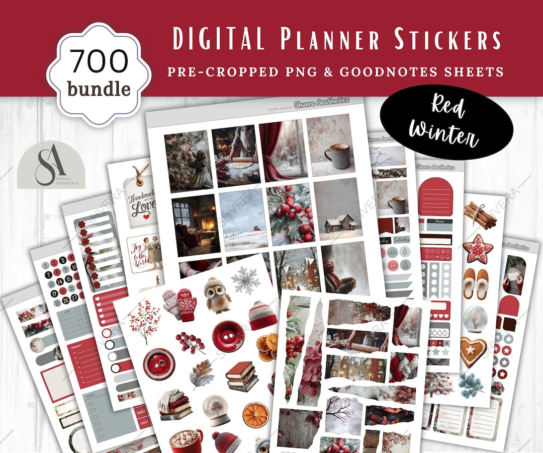 700 Red Winter Goodnotes Digital Planner Sticker Bundle, Pre-cropped ...