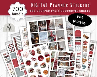 700 Red Winter Goodnotes Digital Planner Sticker Bundle, Pre-cropped Goodnotes, PNG, Bullet Journaling kit, Notability, Instant Download