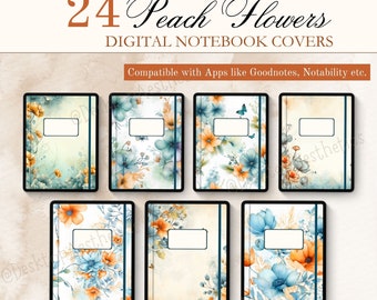 24 Floral Goodnotes Covers, Digital Notebook Covers, Peach Aesthetic | Digital Planner Covers for Notability, iPad, Mac, Android, Digital