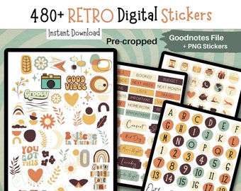 480 Cute Retro Digital Stickers| Pre-cropped Goodnotes stickers | Retro aesthetic stickers for iPad, Notability | Aesthetic planner stickers