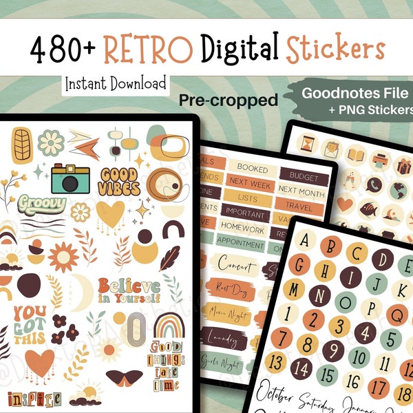 480 Cute Retro Digital Stickers| Pre-cropped Goodnotes stickers | Retro aesthetic stickers for iPad, Notability | Aesthetic planner stickers