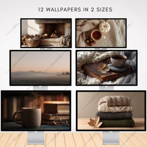 May include: A display of six computer monitors showcasing cozy autumn-themed wallpapers. The monitors display images of a fireplace, coffee, a landscape, a book, a mug, and folded sweaters. The text "12 WALLPAPERS IN 2 SIZES" is at the top.