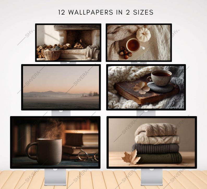 May include: A display of six computer monitors showcasing cozy autumn-themed wallpapers. The monitors display images of a fireplace, coffee, a landscape, a book, a mug, and folded sweaters. The text "12 WALLPAPERS IN 2 SIZES" is at the top.
