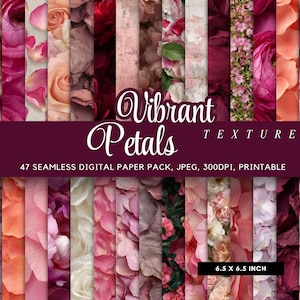 Op de afbeelding: Een digitaal papierpakket met bloemtexturen in roze, rode en perziktinten. De afbeelding toont de tekst "Vibrant Petals Textures" en "47 Seamless Digital Paper Pack, JPEG, 300DPI, Printable". Het papierformaat is 16,5 x 16,5 cm.