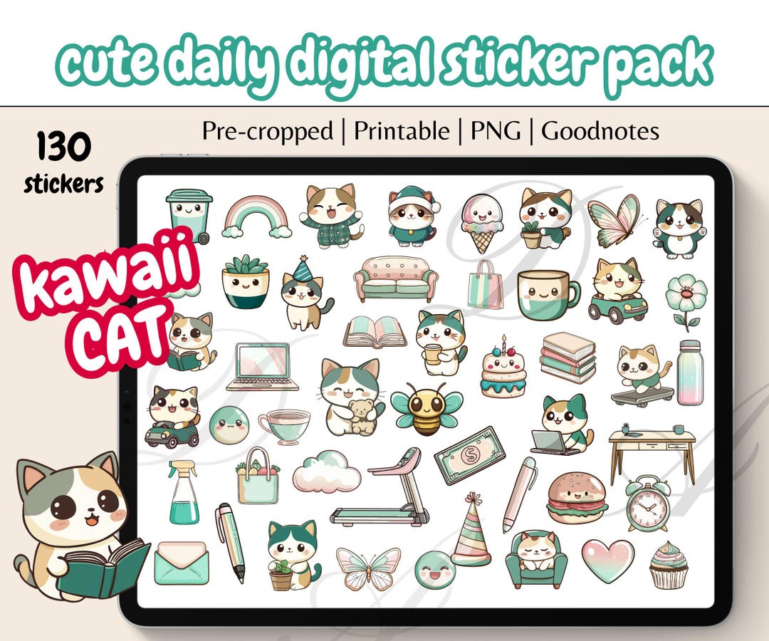 130 Kawaii Daily Life Teal Digital Journal Stickers, Planner, Cute Cat ...