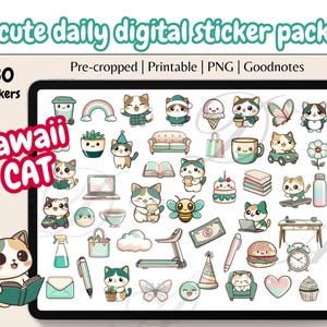 130 Kawaii Daily Life Teal Digital Journal Stickers, Planner, Cute Cat, PNG, Printable, Goodnotes Sticker Pack, Notability, Digital Download