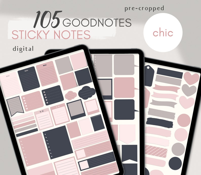May include: A digital planner screen displaying 105 Goodnotes sticky notes in pink, gray, and black. The notes are in various shapes and sizes, including squares, rectangles, circles, and hearts. The text "105 Goodnotes Sticky Notes" and "digital" are visible on the screen.
