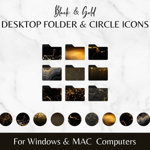 18 Black & Gold Theme Desktop Icons for MACBOOK and WINDOWS | Circle and Folder PC Icons for Mac and Windows, Black Gold Desktop Aesthetic