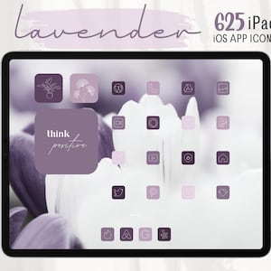 Könnte beinhalten: Ein iPad-Bildschirm, der 625 iOS-App-Symbole in Lila und Weiß anzeigt. Die Symbole sind in einem Raster angeordnet und zeigen eine Vielzahl von Designs, darunter Pflanzen, geometrische Formen und Text. Der Text auf dem Bildschirm lautet "think positive".