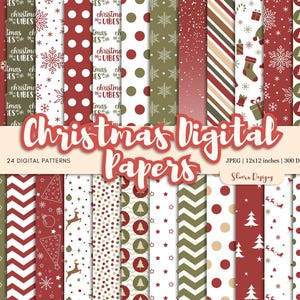 Puede incluir: Una colección de 24 patrones de papel digital navideño. Los diseños presentan elementos festivos como copos de nieve, lunares, rayas y árboles de Navidad en rojo, verde y blanco. El título "Christmas Digital Papers" se muestra en una fuente decorativa.