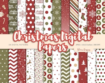 May include: A collection of 24 Christmas digital paper patterns. The designs feature festive elements like snowflakes, polka dots, stripes, and Christmas trees in red, green, and white. The title "Christmas Digital Papers" is displayed in a decorative font.