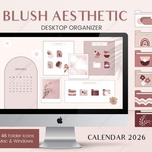 Blush Boho Desktop Organizer with 2026 Calendar 46 Aesthetic Folder Icons, Mac Desktop, Windows, Cute PC Icons, Desktop Customization