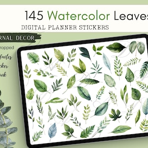 Może przedstawiać: Arkusz naklejek do planera cyfrowego z 145 akwarelowymi liśćmi w różnych odcieniach zieleni. Liście są wstępnie wycięte i gotowe do użycia w Twoim plannerze cyfrowym.
