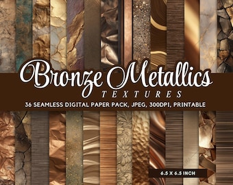36 Seamless Bronze Metallics Digital Paper Bundle, Gold and Copper Textures, Cracked Stone Backgrounds, Printable Junk Journaling Kit