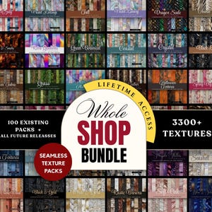Könnte beinhalten: Eine Sammlung digitaler, nahtloser Texturpakete, darunter "4th of July", "Retro Gradients" und "Black & Gold". Das Bild zeigt eine Vielzahl von Mustern mit dem Text "Whole Shop Bundle" und "3300+ Textures".
