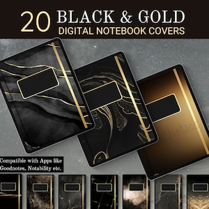 Könnte beinhalten: Zwanzig schwarze und goldene digitale Notizbuchcover. Die Cover zeigen eine Vielzahl von Designs, darunter Marmor, Glitzer und geometrische Muster. Kompatibel mit Apps wie Goodnotes, Notability usw.