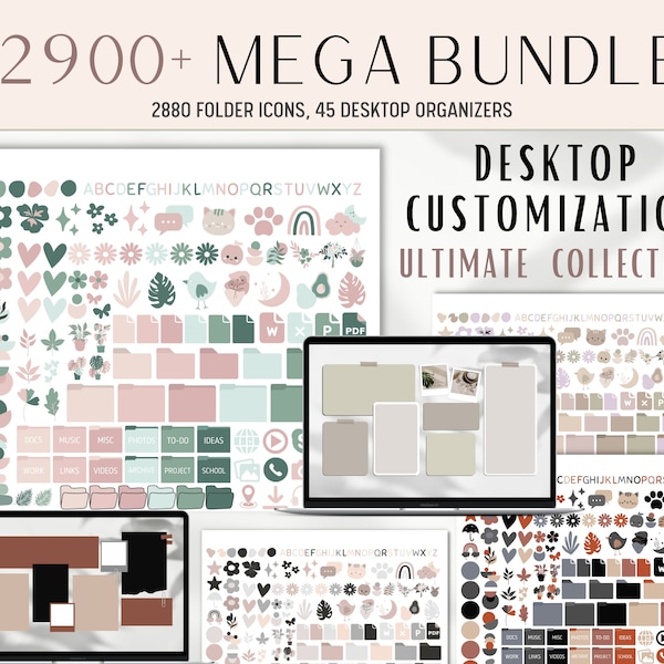 Plus de 2 900 icônes de bureau MEGA BUNDLE dans 16 thèmes avec 45 organisateurs de papiers peints gratuits pour Mac et WINDOWS | Pack d'icônes pour bureau, téléchargements numériques