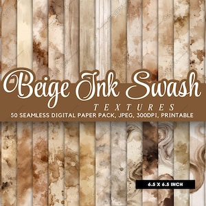 50 Seamless Beige Ink Swash Digital Paper Bundle, Neutral Watercolor Textures, Brown Marble Backgrounds, Coffee-Stained Aesthetics