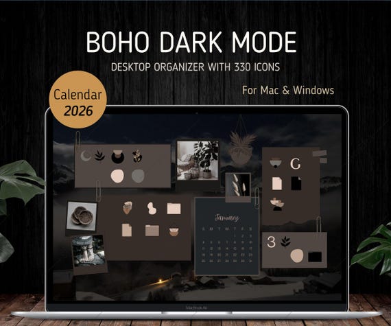 2026 Boho Dark Mode Desktop Organizer | Calendar 2026 Organizer for Mac, Windows | 330 Boho Folder Icons | Desktop Customization Wallpaper