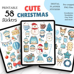 Peut inclure: Autocollants numériques pour planificateur avec 58 illustrations de Noël mignonnes. Les autocollants incluent un bonhomme de neige, le Père Noël, un sapin de Noël et d'autres éléments festifs. Le texte "Printable Cute Christmas Stickers" est également présent.