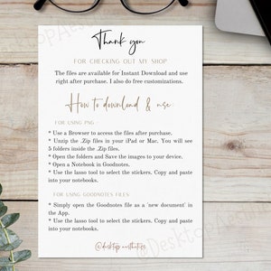 May include: A white card with brown text explaining how to download and use digital stickers. The text includes instructions for using PNG files and Goodnotes files. The card also includes the text "Thank you" and "For checking out my shop".