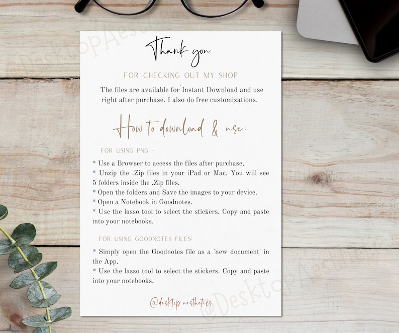 May include: A white card with brown text explaining how to download and use digital stickers. The text includes instructions for using PNG files and Goodnotes files. The card also includes the text "Thank you" and "For checking out my shop".
