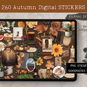 Op de afbeelding: Een digitale collage van stickers met herfstthema op een tabletscherm. De stickers bevatten herfstbladeren, pompoenen, bloemen, kaarsen en koffie. Tekst op het scherm luidt "260 Herfst Digitale Stickers", "Journal Decor" en "PNG Stickers + Goodnotes Bestand".